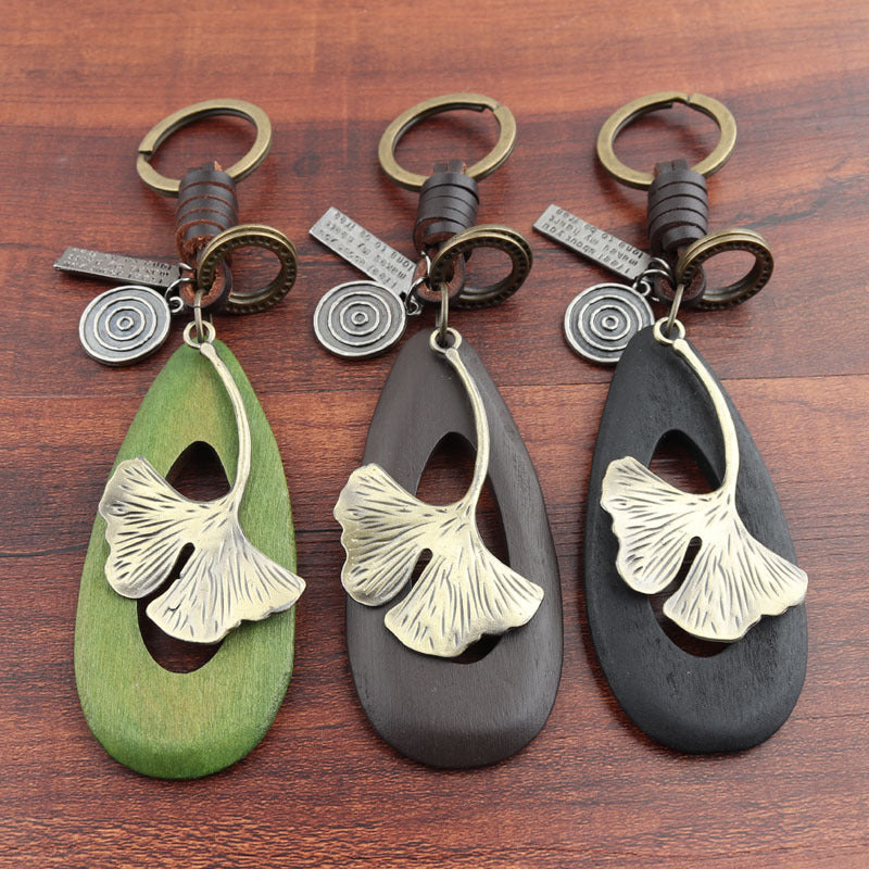Wholesale Genuine Leather Alloy Ginkgo Leaf Wooden Keychains
